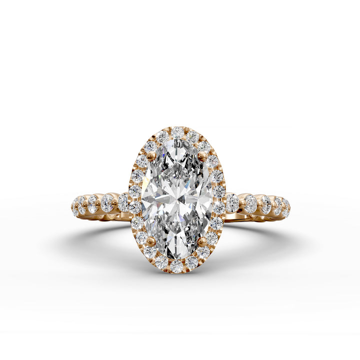 Oval diamond halo engagement ring with floating shared-prong band shown in display view.