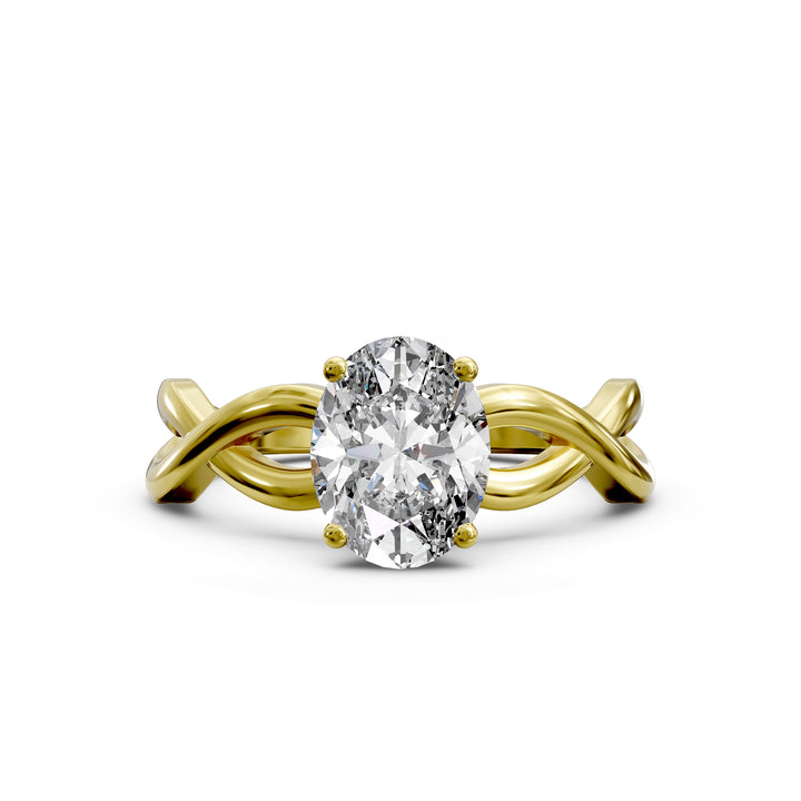 Oval diamond engagement ring with sculpted twisted band design.