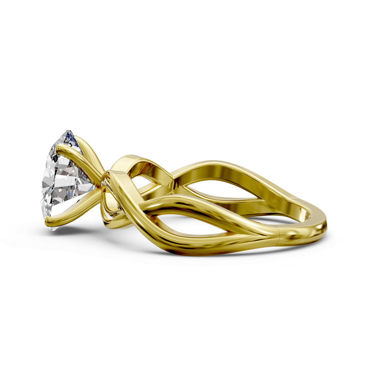 Oval diamond engagement ring with sculpted twisted band design.