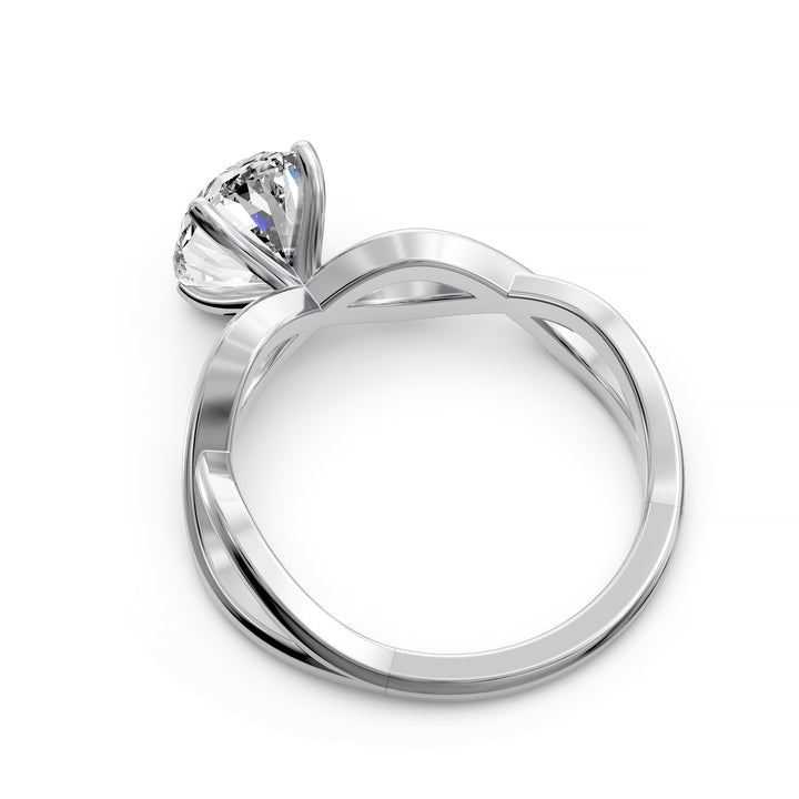 Oval diamond engagement ring with sculpted twisted band design.