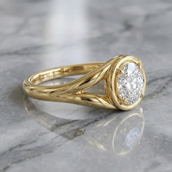 Oval lab-grown diamond cathedral solitaire engagement ring displayed on stone surface.
