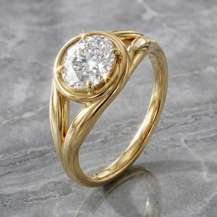 Oval lab-grown diamond cathedral solitaire engagement ring displayed on stone surface.
