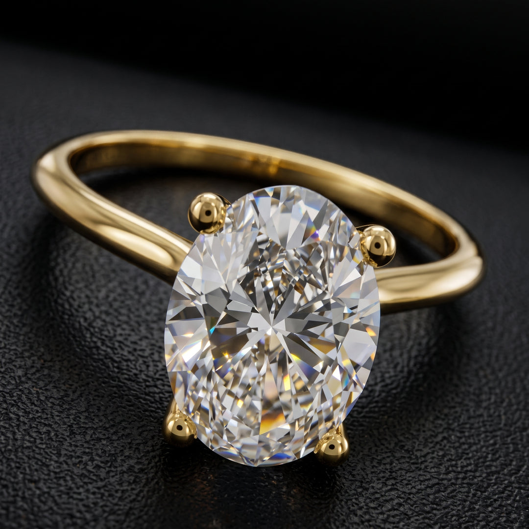 1.37 carat oval lab-grown diamond solitaire engagement ring displayed on a black jewelry background.
