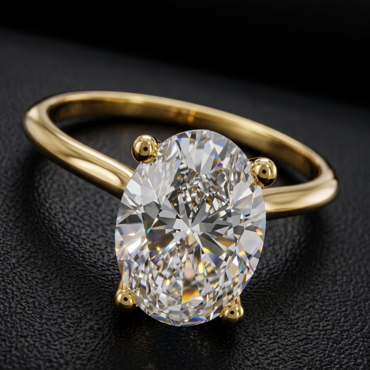 1.37 carat oval lab-grown diamond solitaire engagement ring displayed on a black jewelry background.