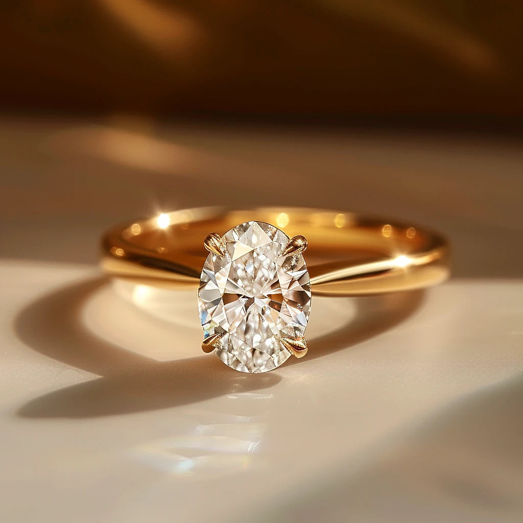 A close-up of an oval solitaire diamond ring set in a yellow gold band, beautifully lit against a soft background.