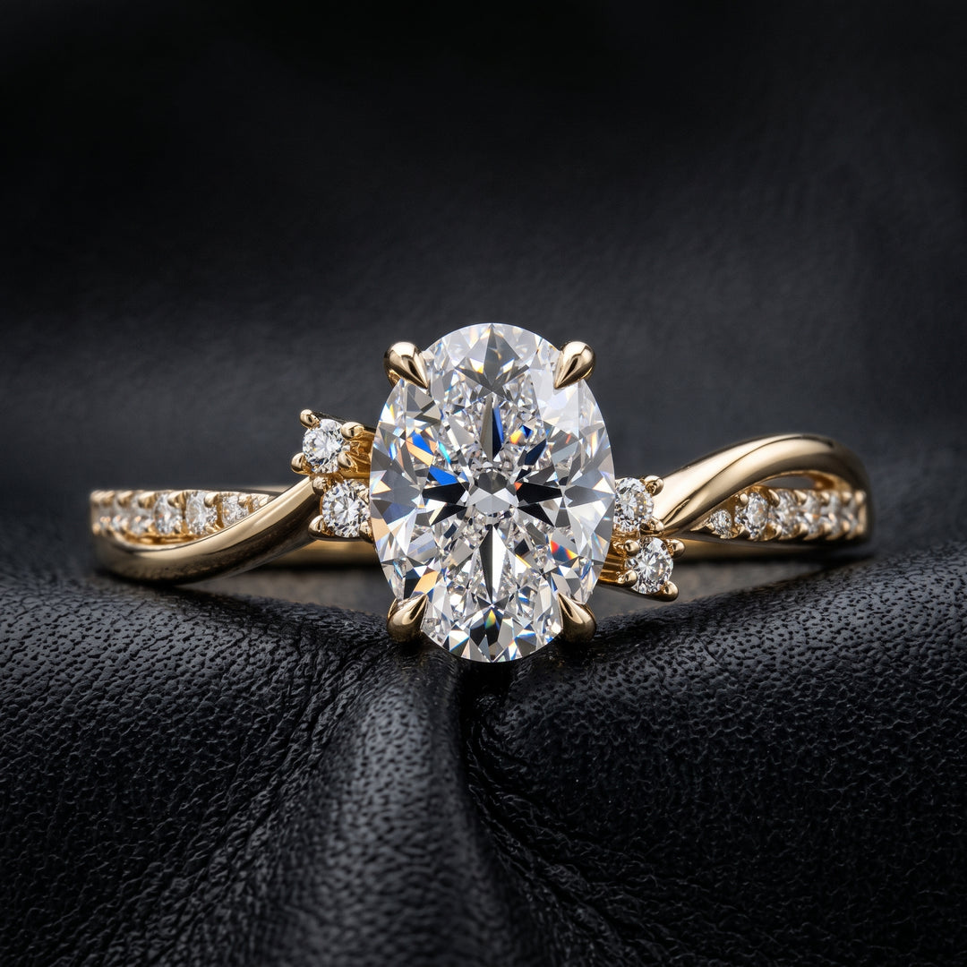 1 carat oval lab-created diamond engagement ring with a twisted gold band and diamond accents