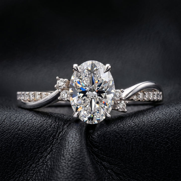 1 carat oval lab-created diamond engagement ring with a twisted gold band and diamond accents