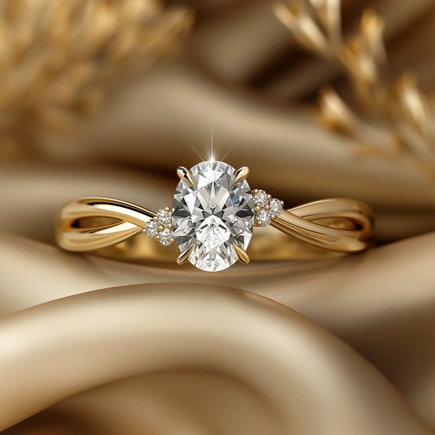 Elegant gold ring with a 0.8 carat oval lab-grown diamond and two smaller diamonds.