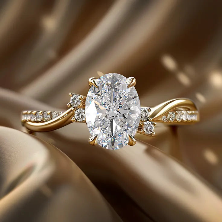 1 carat oval lab-created diamond engagement ring with a twisted gold band and diamond accents