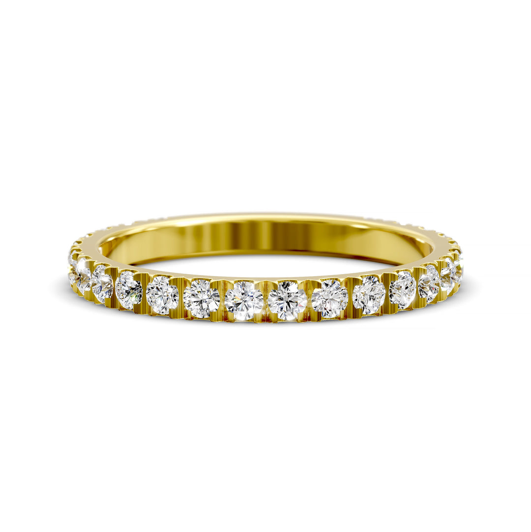 Three-quarter eternity pavé band with round diamonds on polished gold ring