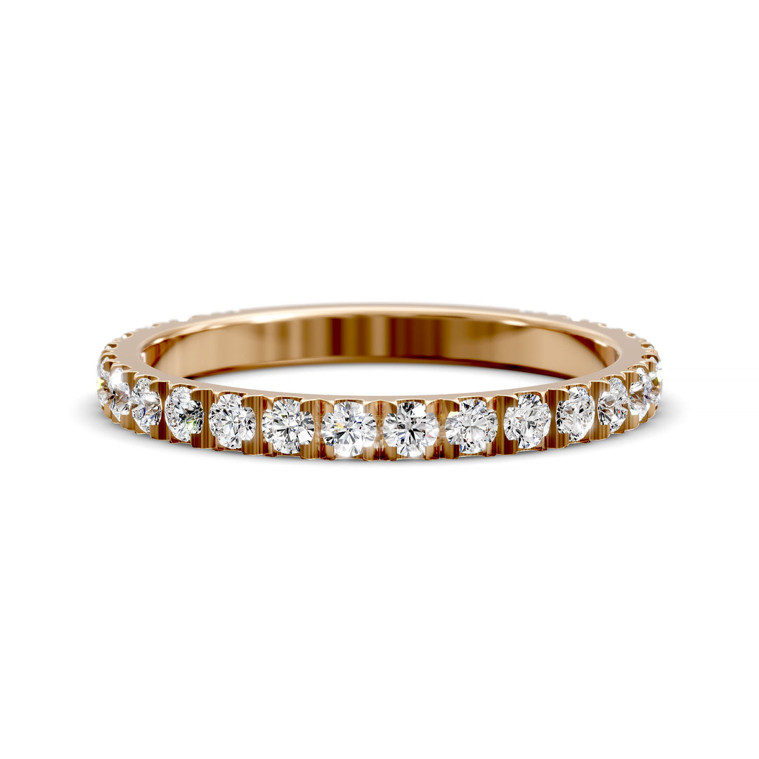 Three-quarter eternity pavé band with round diamonds on polished gold ring