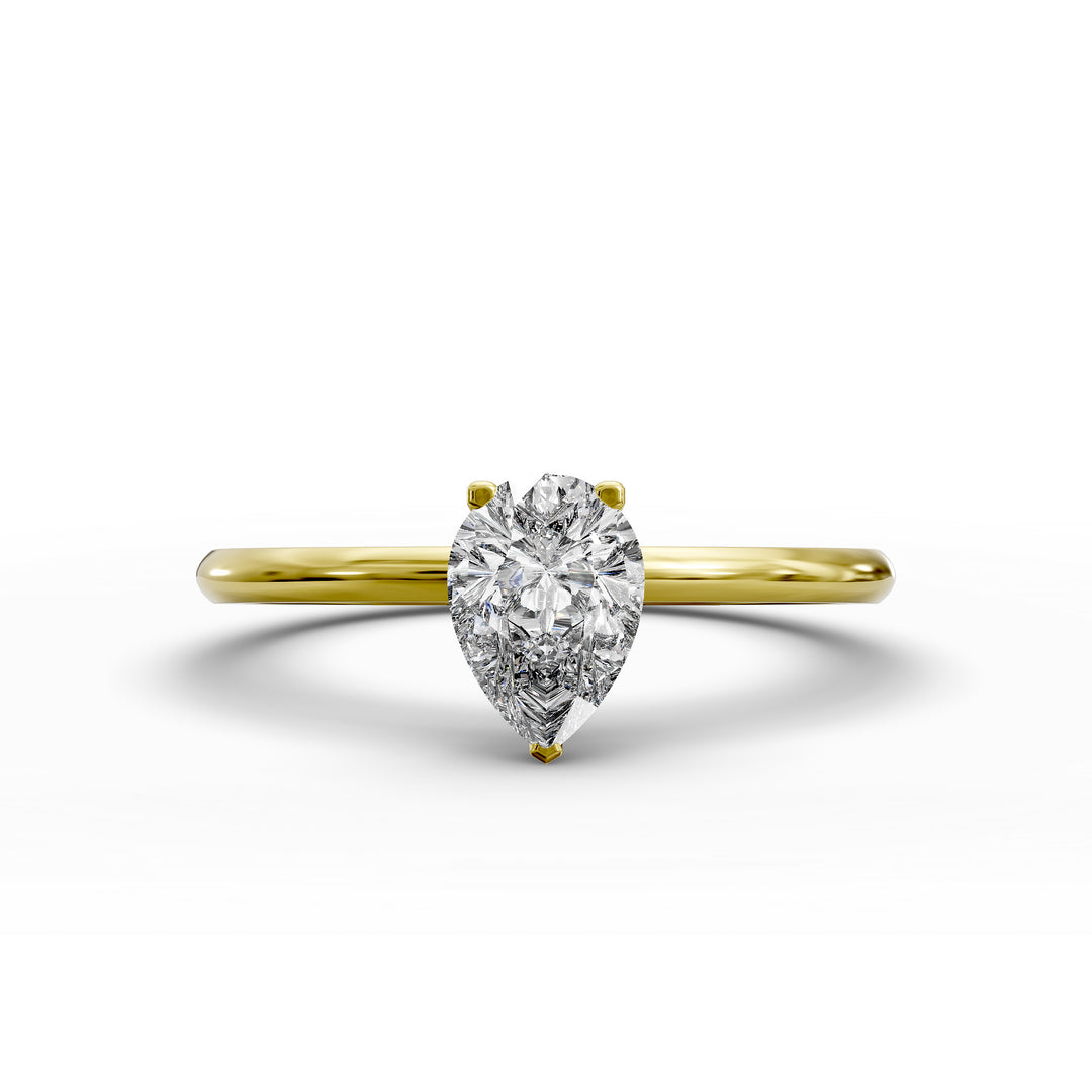 Pear-shaped diamond hidden halo engagement ring with slender band shown in display view.