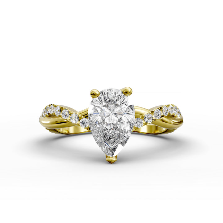 Pear shaped diamond engagement ring with twisted pavé band front view.