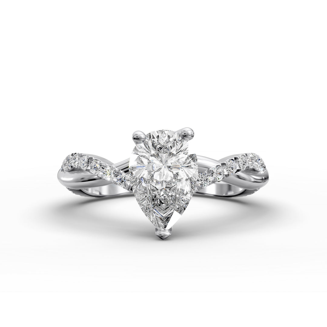 Pear shaped diamond engagement ring with twisted pavé band front view.