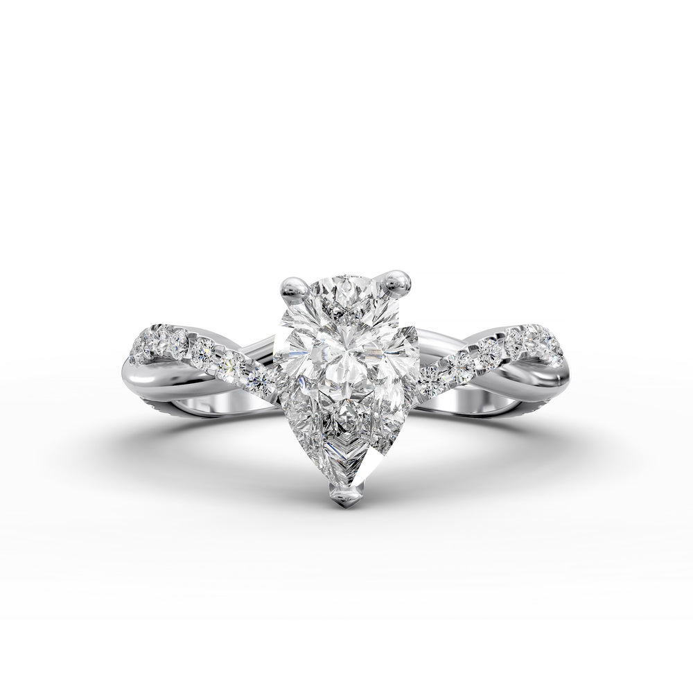 Pear shaped diamond engagement ring with twisted pavé band front view.