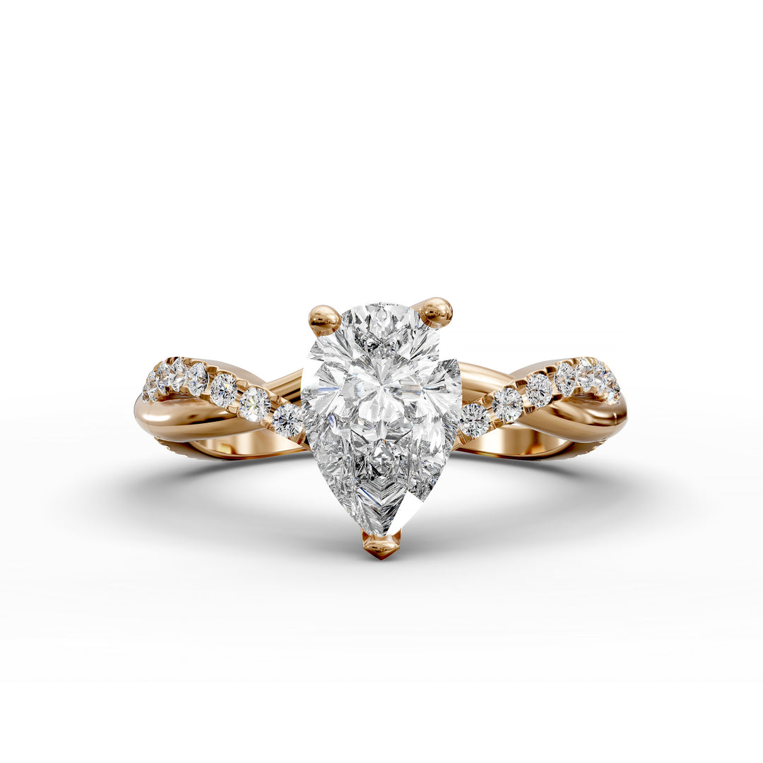 Pear shaped diamond engagement ring with twisted pavé band front view.