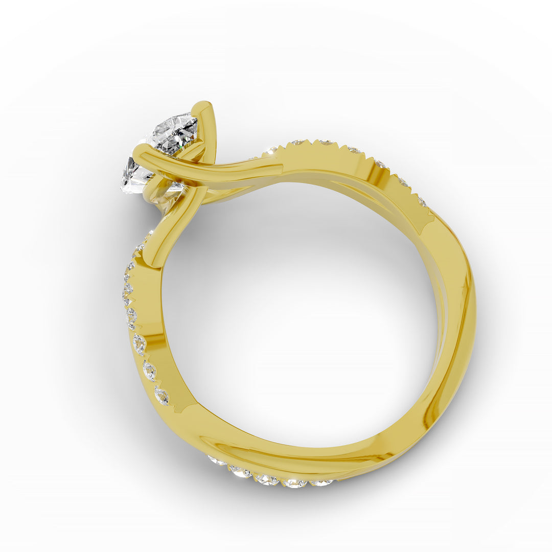 Pear shaped diamond engagement ring with twisted pavé band front view.