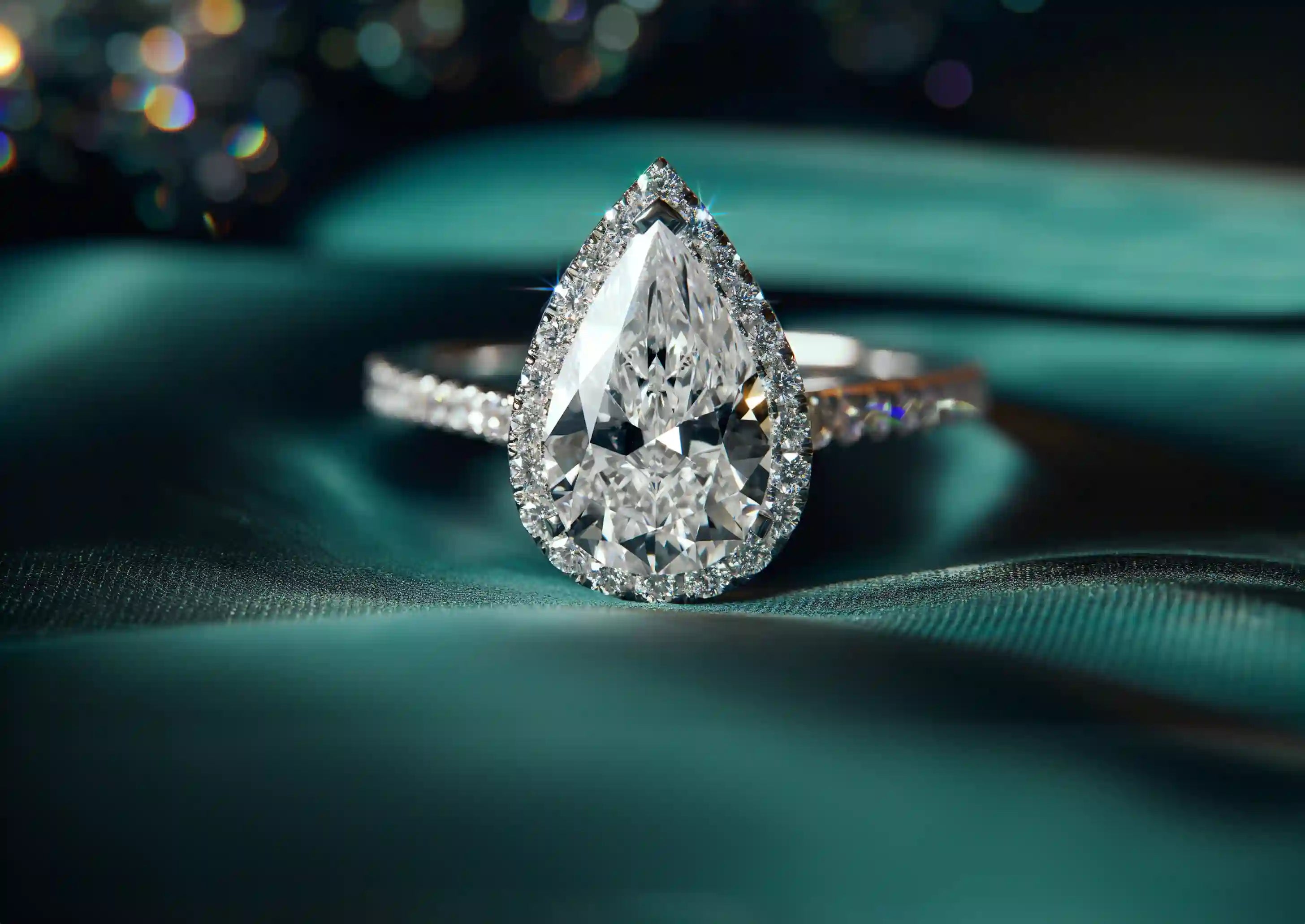 Pear-shaped diamond halo ring on teal fabric with colorful bokeh background.