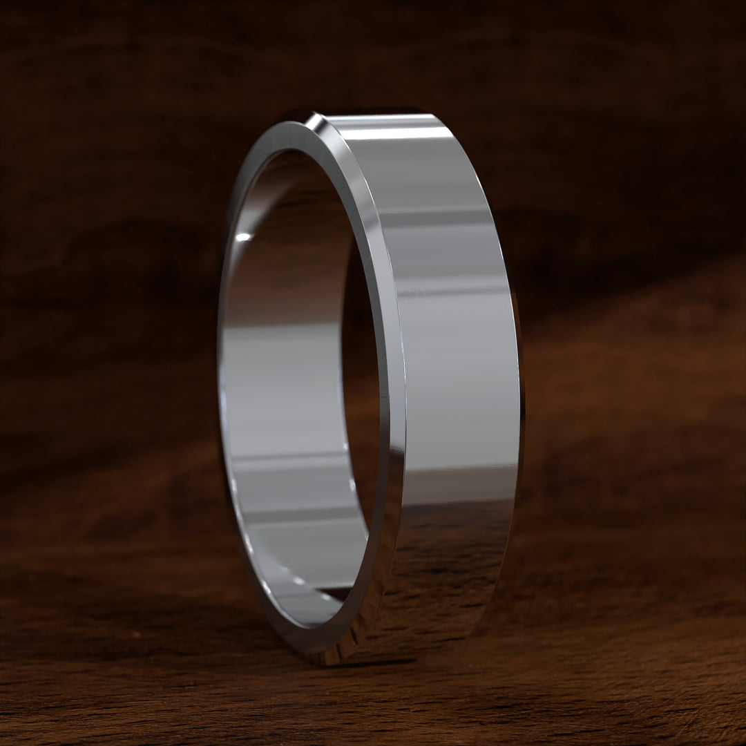 Polished flat men’s wedding band with beveled edges