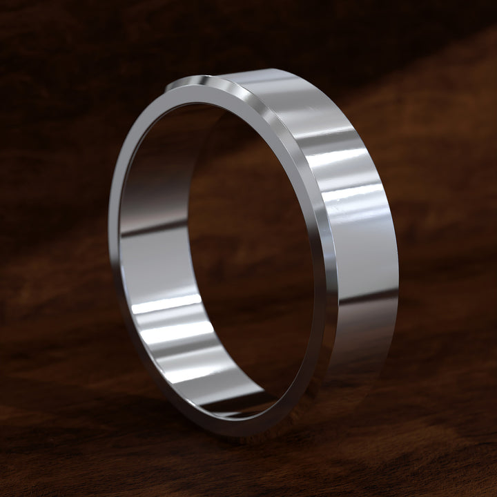 Polished flat men’s wedding band with beveled edges