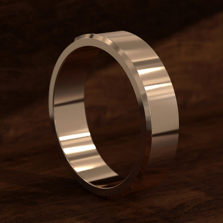 Polished flat men’s wedding band with beveled edges