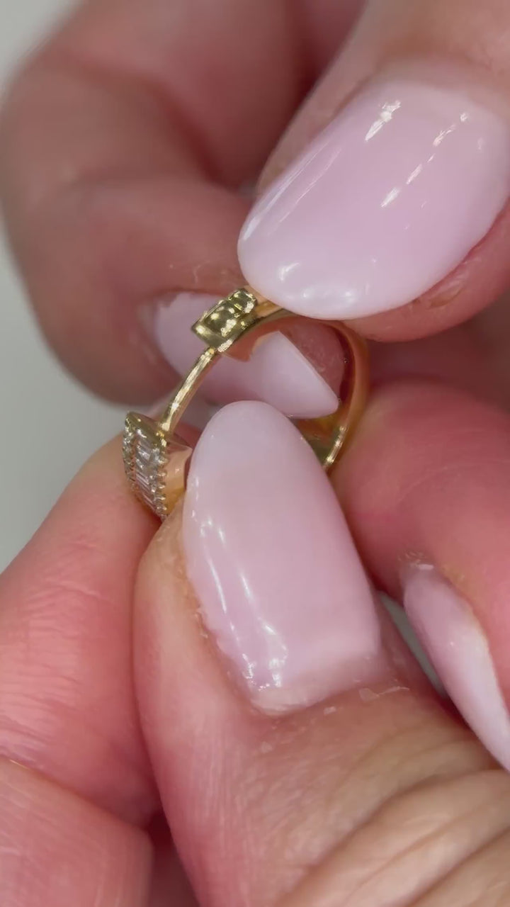 Video of RUDIX 14k yellow gold natural diamond baguette huggie hoop earrings — muted product clip