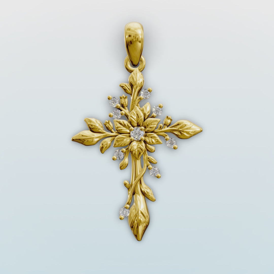 Floral Cross Pendant with Leaf Design and Lab Diamonds