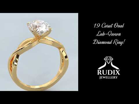 Oval lab-grown diamond ring with a twisted band and low-profile setting.