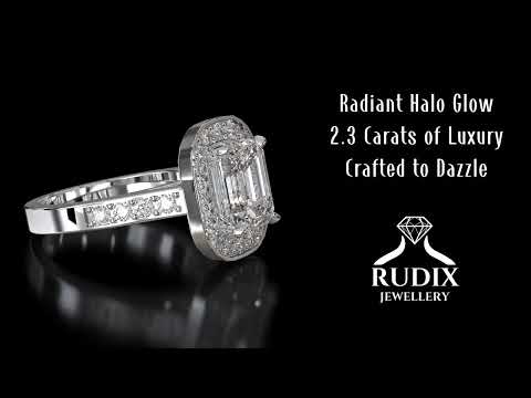 2.3 Carat Lab Grown Emerald Cut Diamond Halo Ring with Channel-Set Cathedral Band