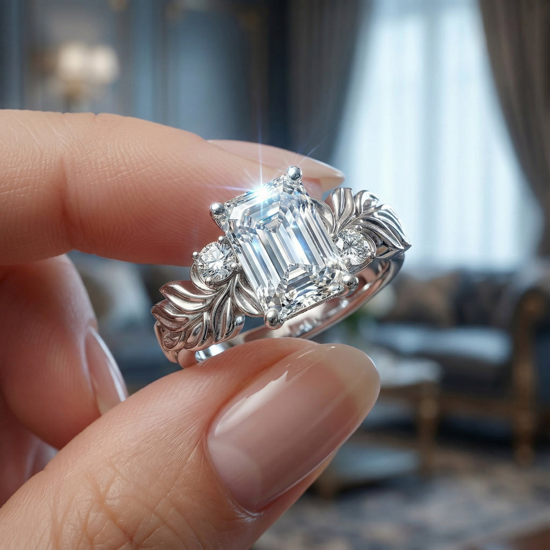 Radiant cut diamond engagement ring with sculpted leaf motif and side stones.
