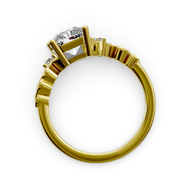 Radiant cut diamond engagement ring with sculpted leaf motif and side stones.