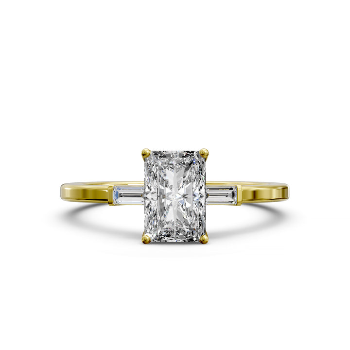 Radiant cut three stone engagement ring with tapered side diamonds.