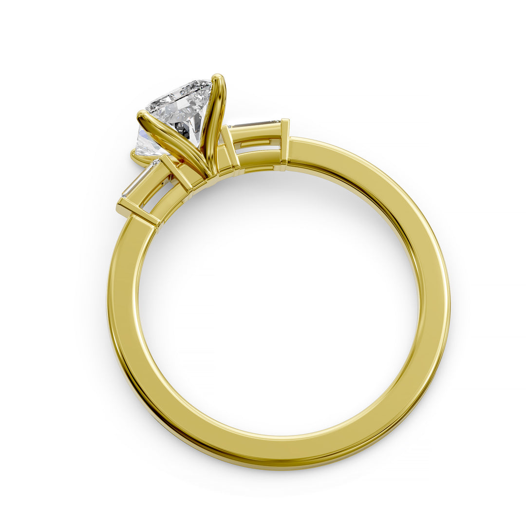 Radiant cut three stone engagement ring with tapered side diamonds.