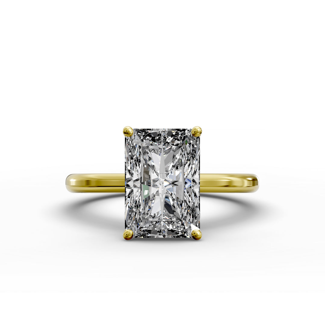 Radiant diamond hidden halo cathedral engagement ring shown in angled display view.