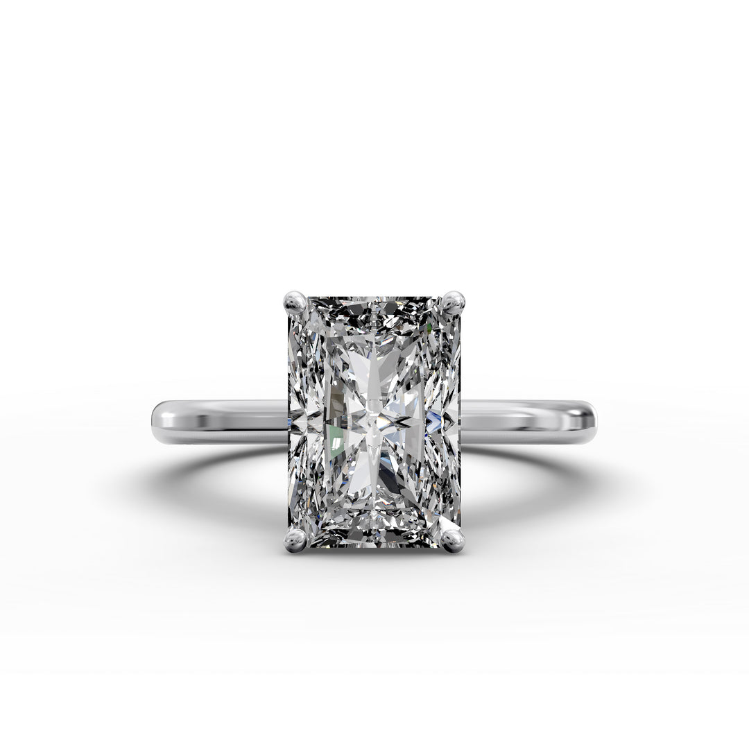 Radiant diamond hidden halo cathedral engagement ring shown in angled display view.