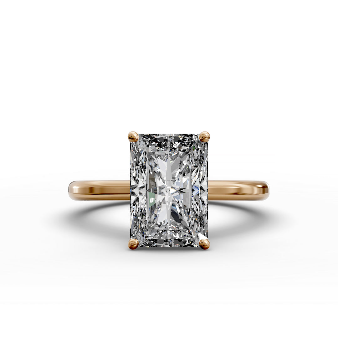 Radiant diamond hidden halo cathedral engagement ring shown in angled display view.