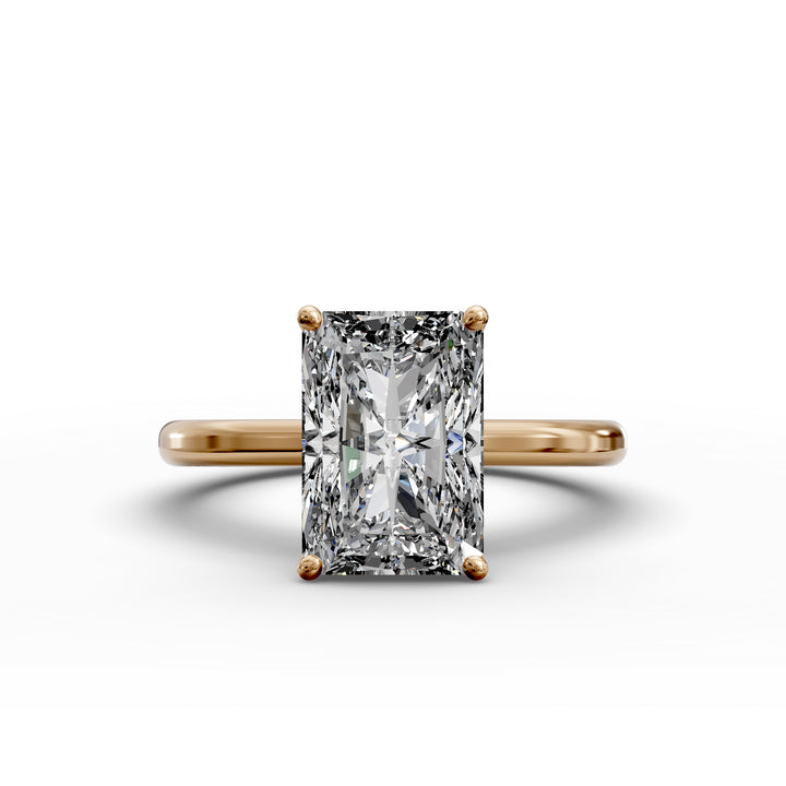 Radiant diamond hidden halo cathedral engagement ring shown in angled display view.