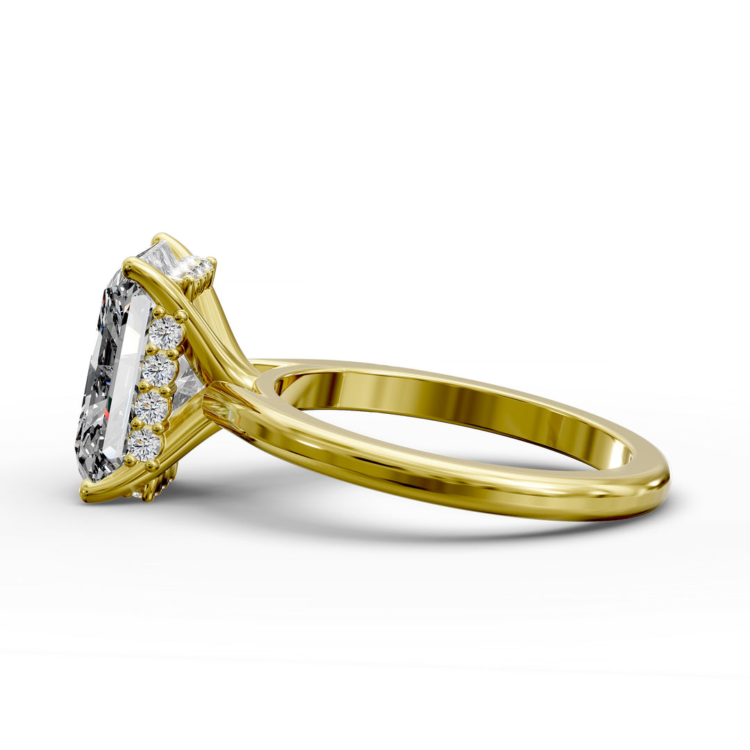 Radiant diamond hidden halo cathedral engagement ring shown in angled display view.