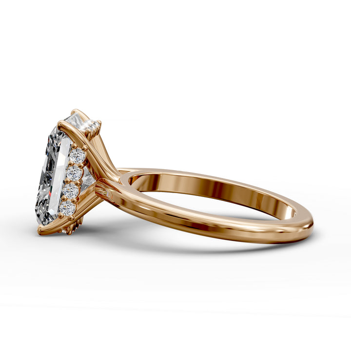 Radiant diamond hidden halo cathedral engagement ring shown in angled display view.