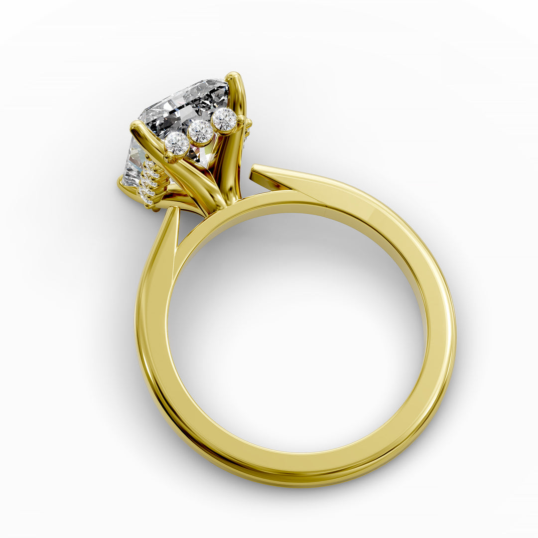 Radiant diamond hidden halo cathedral engagement ring shown in angled display view.