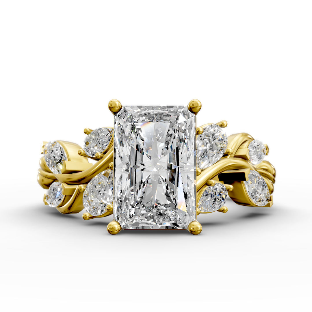 radiant diamond nature-inspired engagement ring with pear and marquise accents shown from multiple angles