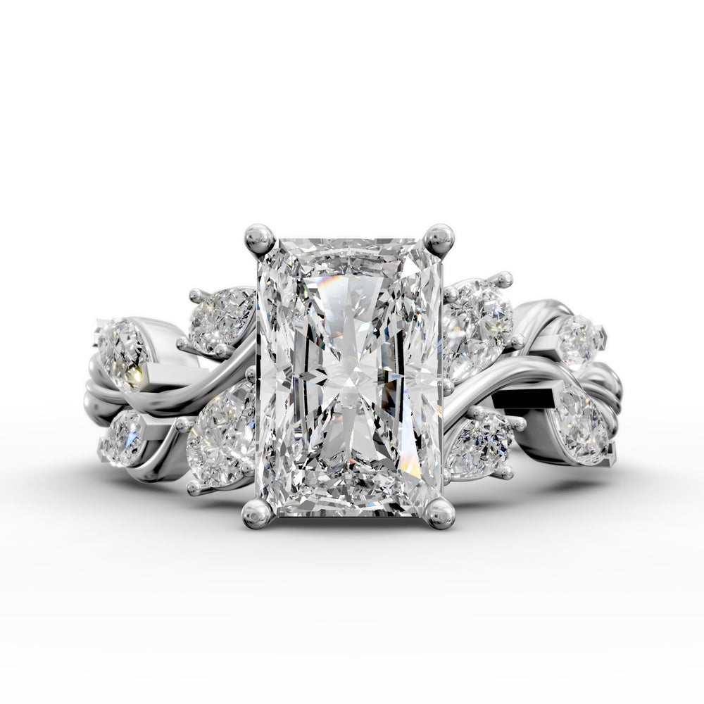 radiant diamond nature-inspired engagement ring with pear and marquise accents shown from multiple angles