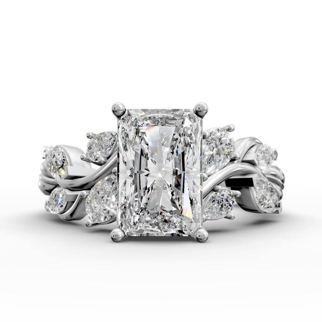 radiant diamond nature-inspired engagement ring with pear and marquise accents shown from multiple angles