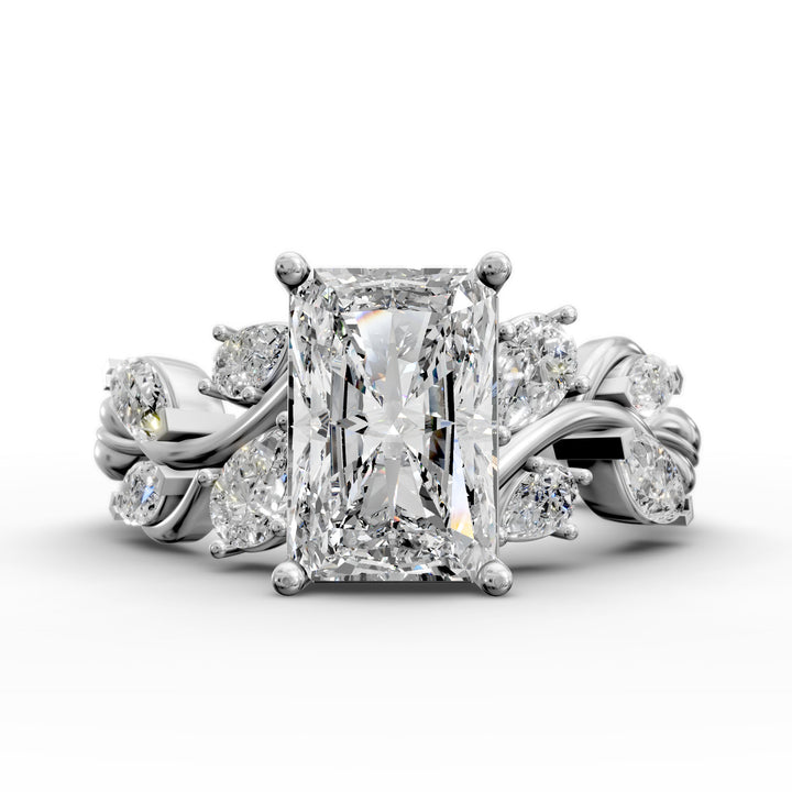 radiant diamond nature-inspired engagement ring with pear and marquise accents shown from multiple angles