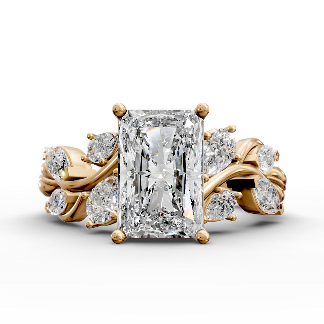 radiant diamond nature-inspired engagement ring with pear and marquise accents shown from multiple angles