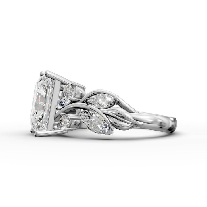radiant diamond nature-inspired engagement ring with pear and marquise accents shown from multiple angles