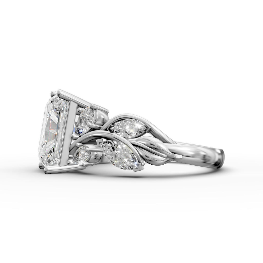 radiant diamond nature-inspired engagement ring with pear and marquise accents shown from multiple angles