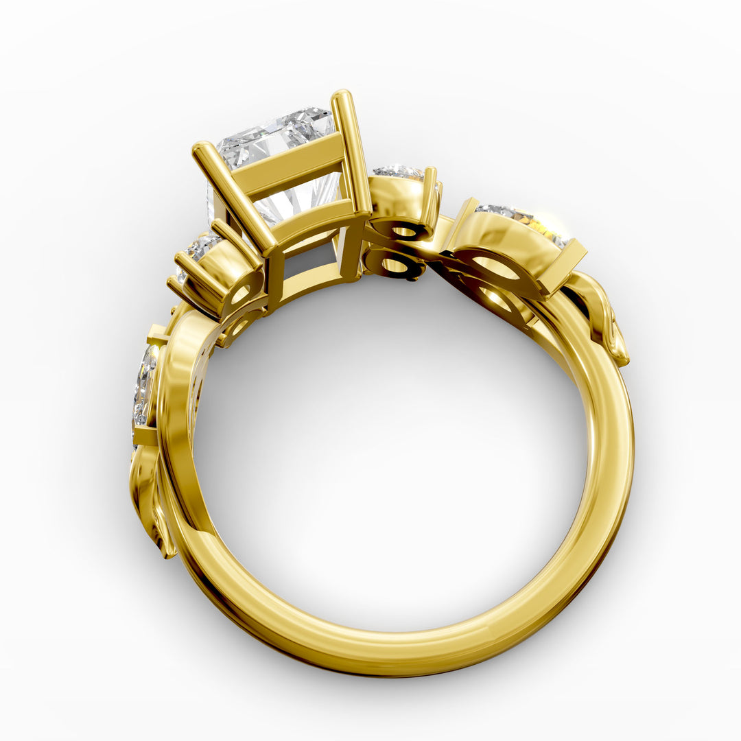 radiant diamond nature-inspired engagement ring with pear and marquise accents shown from multiple angles