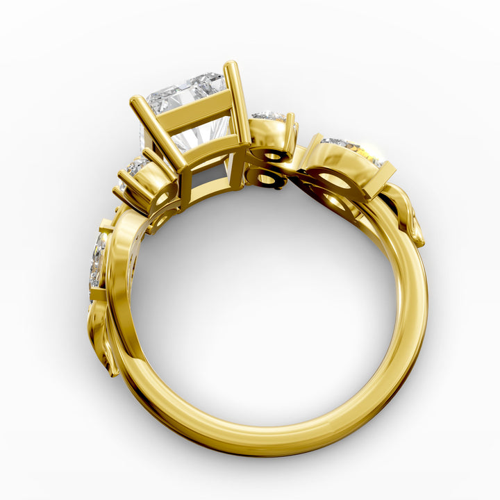 radiant diamond nature-inspired engagement ring with pear and marquise accents shown from multiple angles