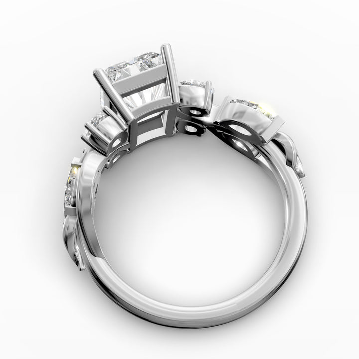 radiant diamond nature-inspired engagement ring with pear and marquise accents shown from multiple angles